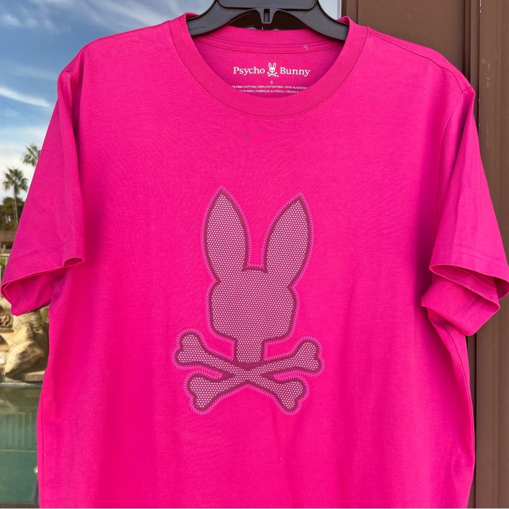 Psycho Bunny Fuchsia Pink with Leathery Graphic Tee UK5 (US L)